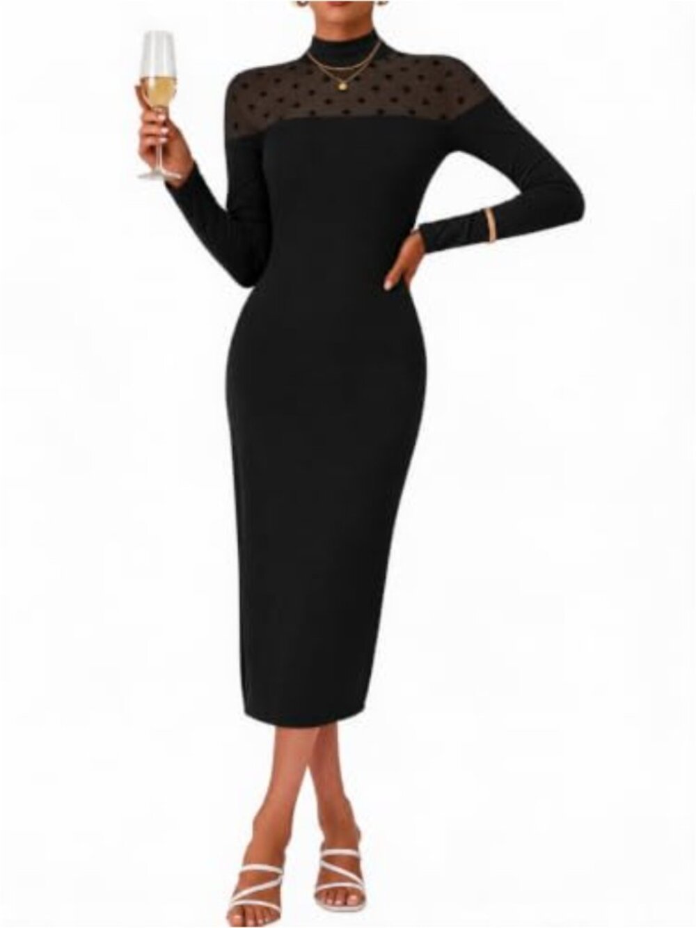 Long Sleeve Midi Knit Bodycon Dress with Lace Patchwork, Women